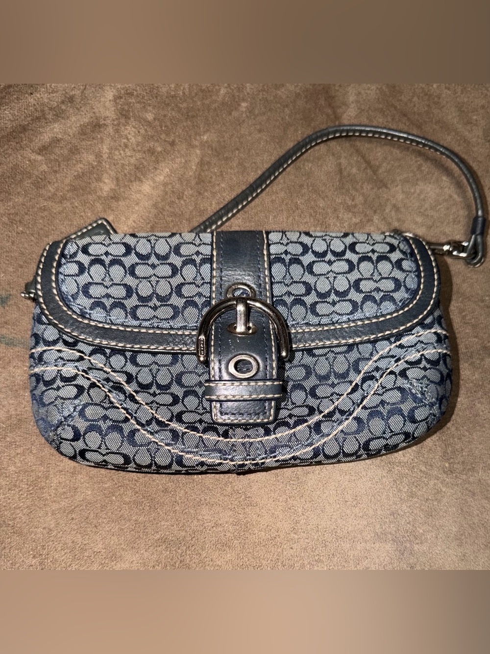 Y2K Coach Navy Signature Jacquard Wristlet Clutch with Buckle